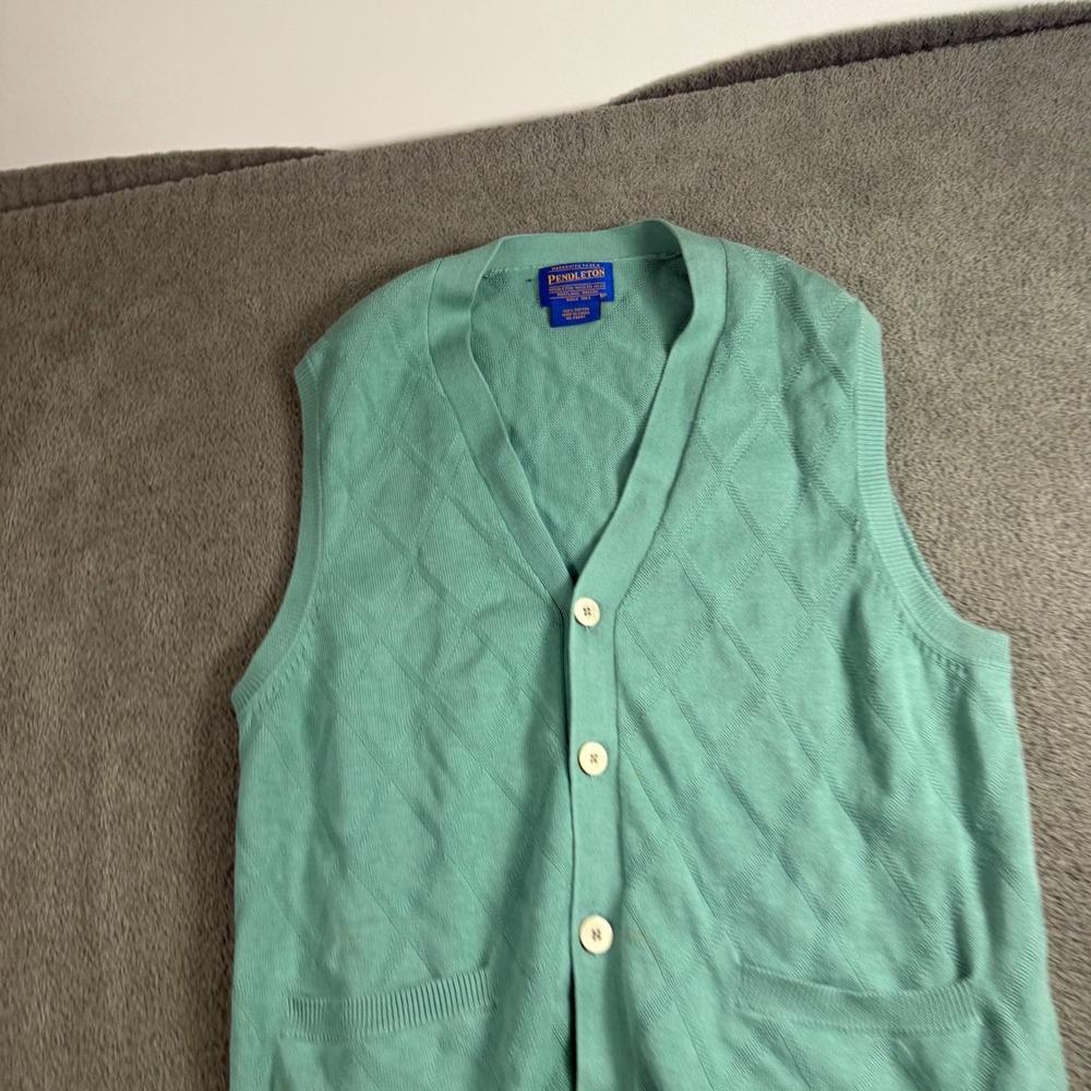 Pendleton Mens Mint Green Cotton Diamond Textured Knit Button Cardigan Vest M